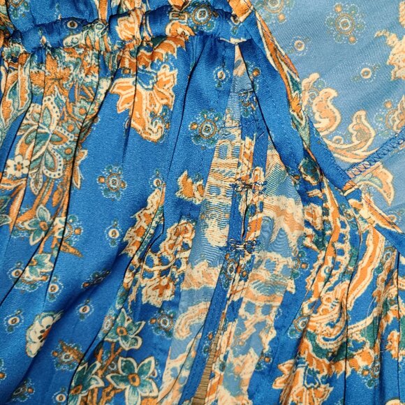 Free People size S Satin Mini Flare Dress Printed Arzel Draped long Sleeve - Picture 9 of 9